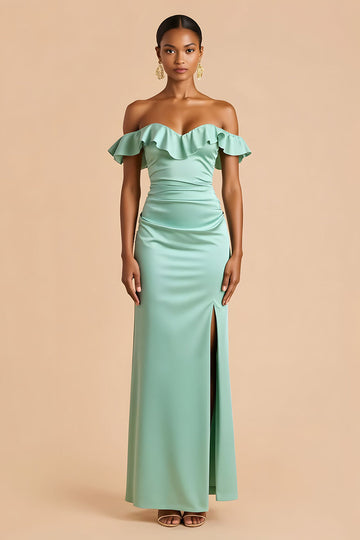 Mint Green Off the Shoulder Satin Sheath Long Bridesmaid Dress